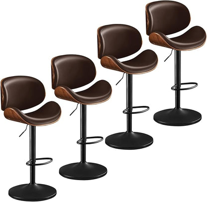Furniliving Bar Stools Set of 4, Adjustable Height Swivel Bentwood Barstools, Upholstered Bar Chairs with Footrest, Ergonomic Modern Bar Stools for Dining Room, Kitchen, Bar, Brown, PU