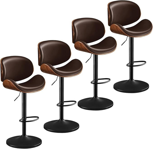 Furniliving Bar Stools Set of 4, Adjustable Height Swivel Bentwood Barstools, Upholstered Bar Chairs with Footrest, Ergonomic Modern Bar Stools for Dining Room, Kitchen, Bar, Brown, PU