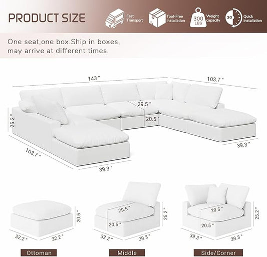 246.7" Oversized Cloud Modular Sectional Sofa,8 Seat Down Filled Sofa,Comfy Deep Seat Couch with Reversible Chaise & Cushions,Couch Cover Washable and Replaceable,White