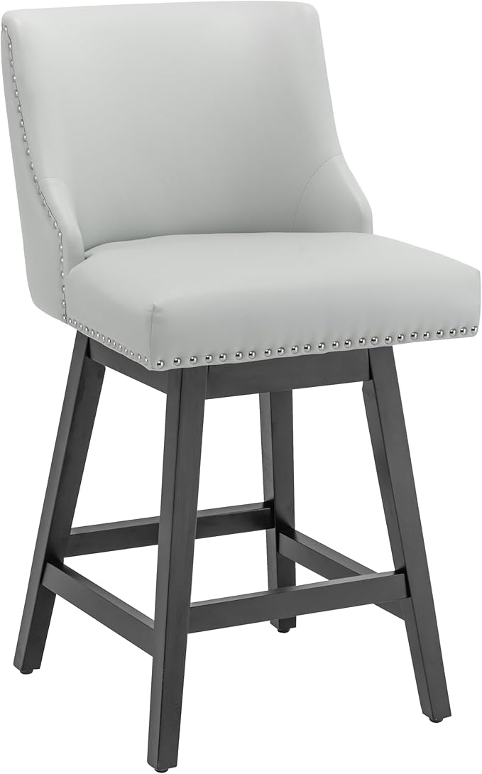 Bar Stool, PU Leather Barstool, 26 Inch Upholstered Counter Stools with 13.8" High Back and Footrest, Swivel Counter Height Barstools for Kitchen Island Home Bar Light Gray