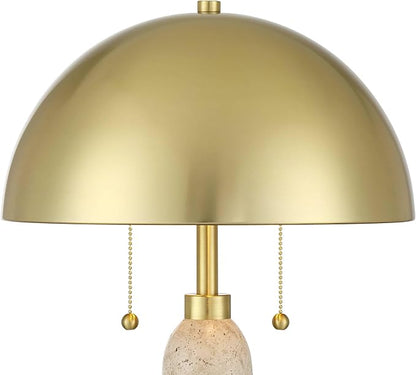 Possini Euro Design Chanterelle 24 1/2" High Mushroom Mid Century Modern Table Lamp Pull Chain Beige Faux Stone Finish Single Brass Dome Shade Living Room Bedroom Bedside Nightstand House Office