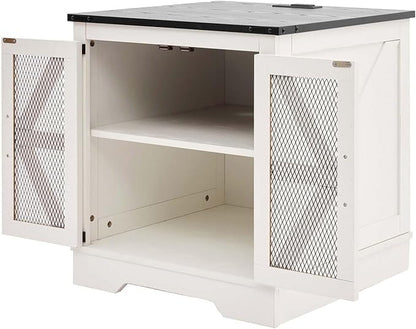White Farmhouse End Table with Charging Station, 24" Wood Sofa Side Table with Mesh Barn Door, Nightstand with Adjustable Storage Shelf for Living Room, Square