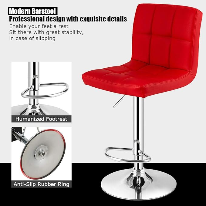 COSTWAY Bar Stools Set of 2, Modern Swivel Adjustable Height PU Leather Barstools with Back, Square Armless Counter Height 2-Pack Bar Chair for Kitchen Island Dining Living Bistro Pub Counter, Red