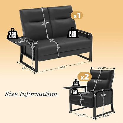 Faux Leather Sectional Couches for Living Room 3 Piece Loveseat and Chair Set with Flip Up Tray Tables Side Pockets Modern Modular Sectional Sofa for Office (2-Seat+1-Seat+1-Seat, Black)