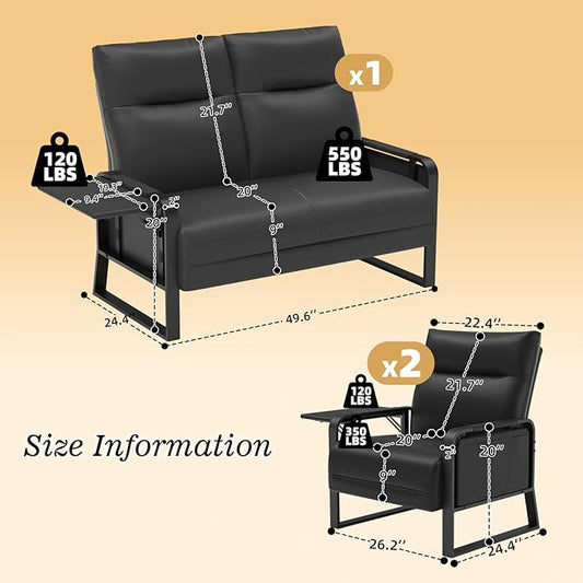Faux Leather Sectional Couches for Living Room 3 Piece Loveseat and Chair Set with Flip Up Tray Tables Side Pockets Modern Modular Sectional Sofa for Office (2-Seat+1-Seat+1-Seat, Black)