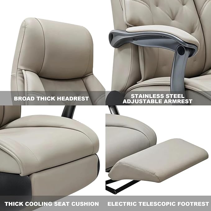 Kinnls Magnus Massage Office Chair with Ventilation and Heating,Leather Power Recliner Chair with Footrest,Big and Tall Ergonomic Comfy Home Office Desk Chairs High Back 500lbs (Light Gray)