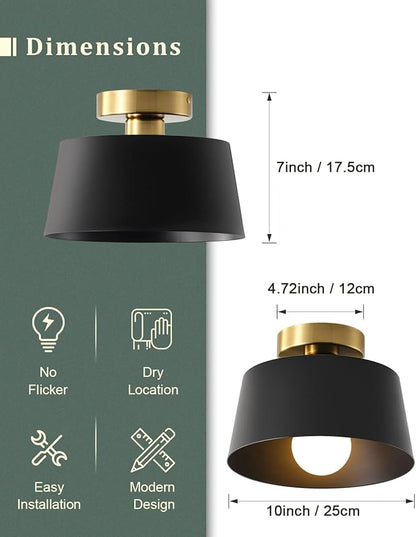 Ceiling Light Fixture, Hallway Ceiling Light with Gold Plate and Matte Black Shade, Modern Simple Style Porch Light Fixtures Semi Flush Mount (Black)