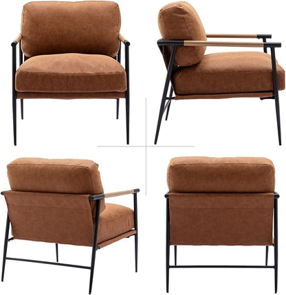 LukeAlon Mid-Century PU Leather Accent Chair, Ultra Soft Living Room Chair with Metal Legs Modern Armchair Upholstered Comfy Leisure Chair for Bedroom Reception Area Reading Room, Brown