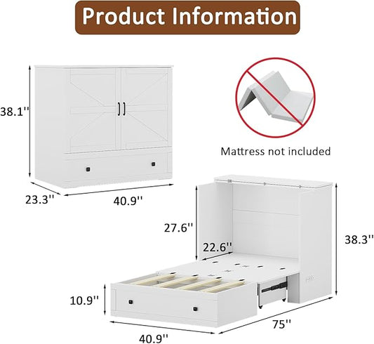 Murphy Bed with Built-in Charging Station, Space-Saving Murphy Bed Chest Twin with Drawer, Foldable, for Home Office Guest Room Bedroom White