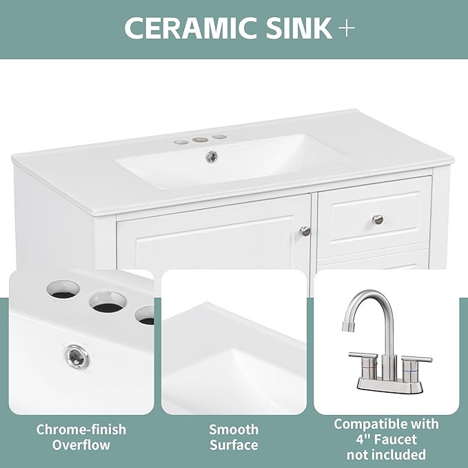 36 Inch Bathroom Vanity with Sink Set, Undermount Vanity Sink Cabinet with 3 Drawers and Door Storage, Soft Closing Door, Wood Frame, White