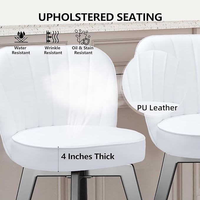 MINCETA Bar Stools Set of 4, PU Leather Barstools, 26 Inch Upholstered Counter Stools with Backrest and Footrest, Swivel Counter Height Barstools for Kitchen Island Home Bar White