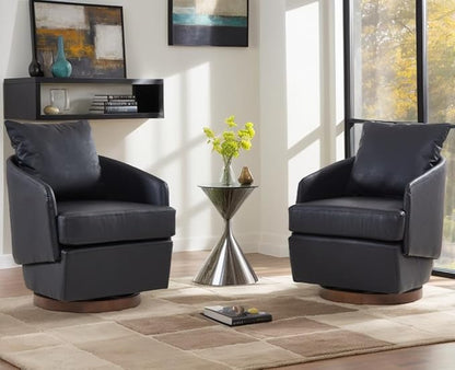 CIMOTA PU Leather Swivel Accent Chairs Set of 2, Modern Barrel Armchairs with 360° Swivel Base and Pillow, Upholstered Club Chairs for Living Room/Reading/Office, Black