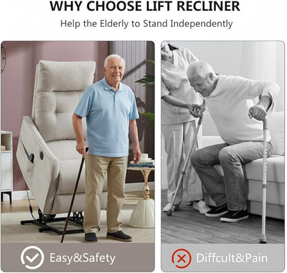 PELUMY Manual Lift Recliner Chair with Massage and Heat for Elderly, Single Motor Electric Lift Chair, Heavy Duty Recliner with USB Charging & Side Pockets (Chenille, Beige)