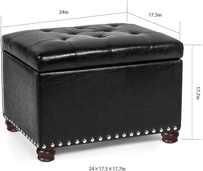 24'' Leather Storage Ottoman Rectangular Foot Rest Stool with Nailhead Trim Chests & Storage Room Organizer for Bedroom Living Room(Black)