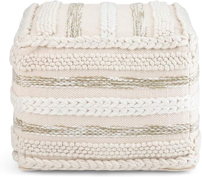 SIMPLIHOME Sommer Boho Square Pouf in Natural Handloom Woven Pattern for the Living Room, Bedroom and Kids Room