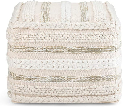 SIMPLIHOME Sommer Boho Square Pouf in Natural Handloom Woven Pattern for the Living Room, Bedroom and Kids Room