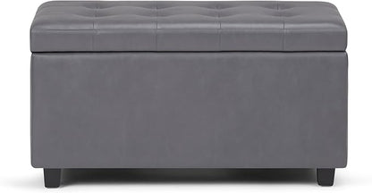 SIMPLIHOME Cosmopolitan Storage Ottoman - 34 inch Wide Upholstered Vegan Leather Rectangle Storage Ottoman Bench in Stone Grey, Transitional Tufted Ottoman for Living Room or Entryway with Lift-Up Lid