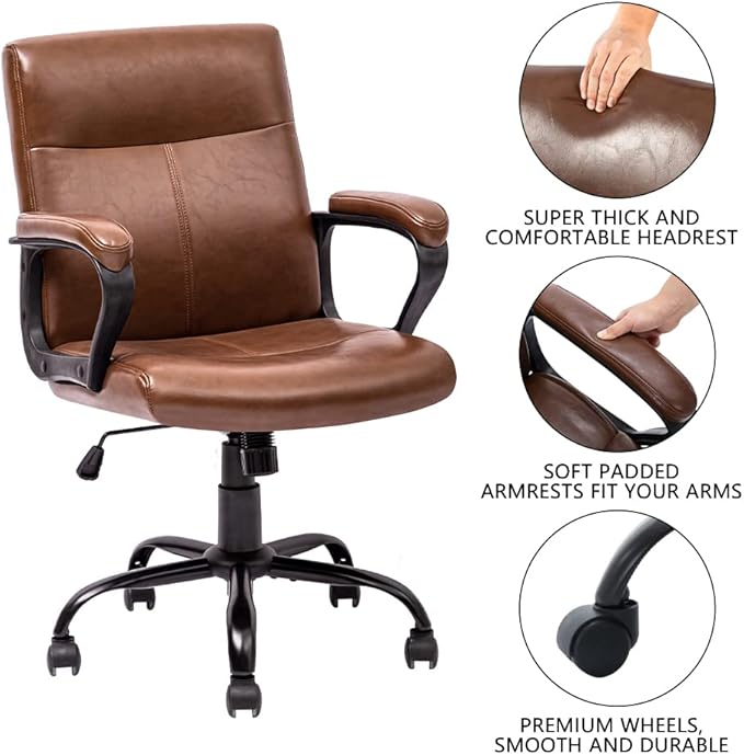 DYHOME Leather Office Chair Brown Desk Chair with Armrest, Ergonomic Computer Chair Mid Back, Mid Century Modern Home Office Desk Chair with 30° Tilting Backrest, Capacity 400lbs