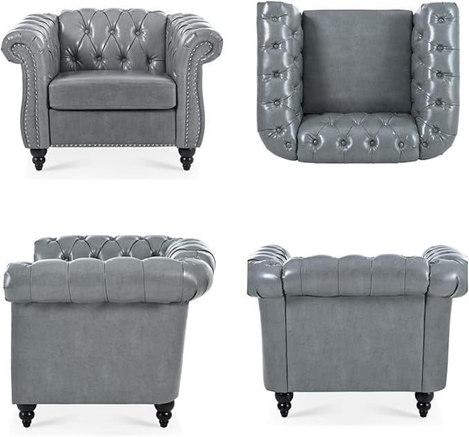 Accent Sofa Chair for Living Room, Modern PU Leather Upholstered Armchair, Oversized Comfy Single Sofa Chair with Cushion, Mid Century Tufted Chesterfield Sofa Couch for Bedroom, Apartment (Grey)