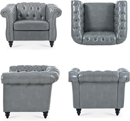 Accent Sofa Chair for Living Room, Modern PU Leather Upholstered Armchair, Oversized Comfy Single Sofa Chair with Cushion, Mid Century Tufted Chesterfield Sofa Couch for Bedroom, Apartment (Grey)