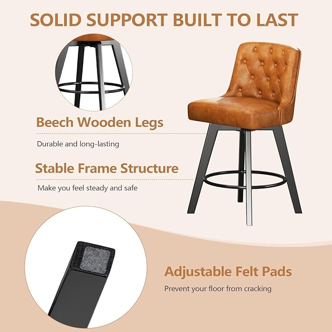 MINCETA Bar Stools Set of 4, PU Leather Barstools, 26 Inch Upholstered Counter Stools with Low Tufted Back and Footrest, Swivel Counter Height Barstools for Kitchen Island Home Bar Brown
