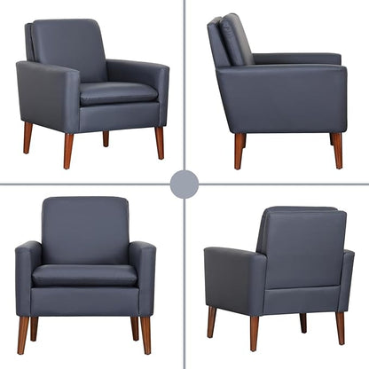 Lohoms Faux Leather Accent Chair for Living Room, Mid-Century Modern Comfy Reading Leisure Chairs for Bedroom, Upholstered Armchair for Apartment/Office/Waiting Room, Wood Legs, Dark Blue