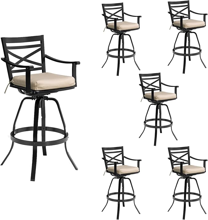 Pellebant 30" Sunbrella Outdoor Bar Stools Set of 6, Aluminum Swivel Patio Bar Height Bar Stools with Back & Footrest, for Deck Lawn Garden(Canvas Antique Beige)