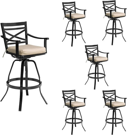 Pellebant 30" Sunbrella Outdoor Bar Stools Set of 6, Aluminum Swivel Patio Bar Height Bar Stools with Back & Footrest, for Deck Lawn Garden(Canvas Antique Beige)