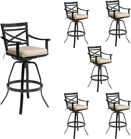 Pellebant 30" Sunbrella Outdoor Bar Stools Set of 6, Aluminum Swivel Patio Bar Height Bar Stools with Back & Footrest, for Deck Lawn Garden(Canvas Antique Beige)