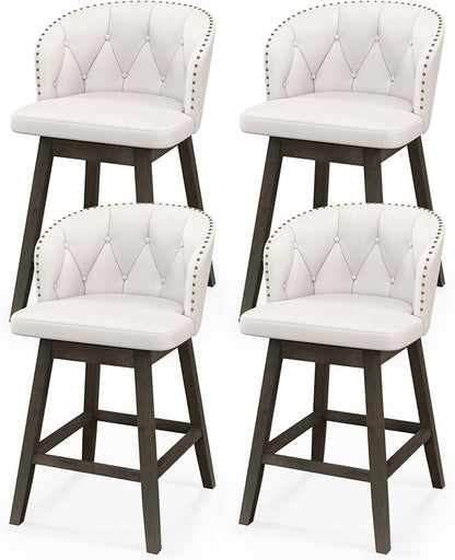 COSTWAY Counter Height Bar Stools Set of 4, Fabric Upholstered Island Stools with 360° Swivel Seat & Button-Tufted Back, Modern Pub Stools with Solid Rubber Wood Frame (Beige,4)