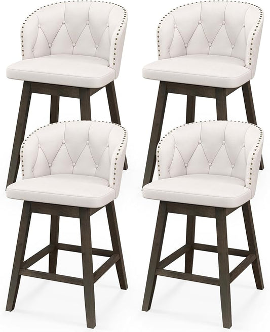 COSTWAY Counter Height Bar Stools Set of 4, Fabric Upholstered Island Stools with 360° Swivel Seat & Button-Tufted Back, Modern Pub Stools with Solid Rubber Wood Frame (Beige,4)