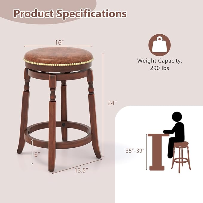 COSTWAY Round Swivel Wooden Bar Stools Set of 4, 24-inch Upholstered Backless PU Leather Farmhouse Counter Chairs with Footrest, Decorative Rivets for Kitchen Island, Dining Room, Walnut