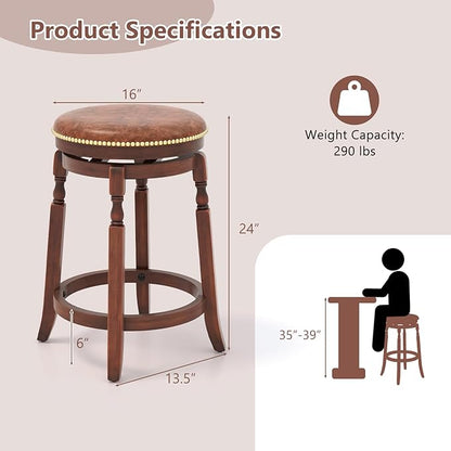 COSTWAY Round Swivel Wooden Bar Stools Set of 4, 24-inch Upholstered Backless PU Leather Farmhouse Counter Chairs with Footrest, Decorative Rivets for Kitchen Island, Dining Room, Walnut
