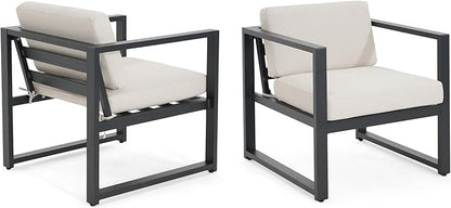 Christopher Knight Home Navan Set of 2 Outdoor Patio Club Chairs with Cushions, Aluminum Outdoor Armchair, Garden Sofa Lounge Chairs, Patio Conversation Set for Porch Backyard Garden, Beige+Black