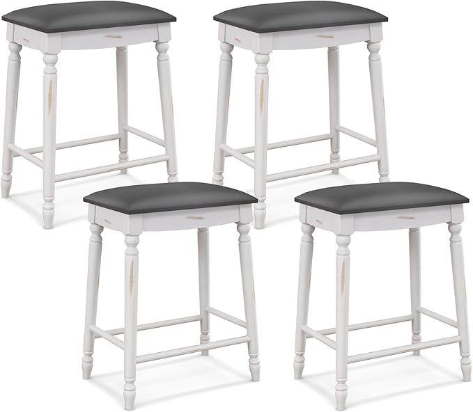 COSTWAY Upholstered Bar Stools Set of 4, 24-Inch Backless Counter Height Dining Stools with Delicate Wood Carving, Footrest, Solid Rubber Wood Frame, Farmhouse BarStools for Kitchen Island Bar, White