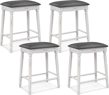 COSTWAY Upholstered Bar Stools Set of 4, 24-Inch Backless Counter Height Dining Stools with Delicate Wood Carving, Footrest, Solid Rubber Wood Frame, Farmhouse BarStools for Kitchen Island Bar, White