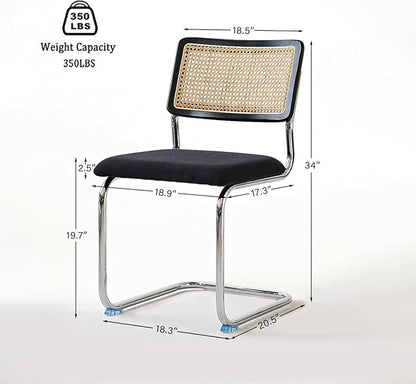Black Chrome Rattan Dining Chairs Set of 2, Wooden Mid-Century Modern Kitchen Chairs, Mesh Back Cane Dining Room Chairs, Cesca Design Chair with Metal Chrome Legs