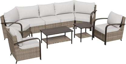 COOS BAY Aurora Terrace Half-Moon Outdoor Furniture Set, Rattan Conversation Set with Patio Chairs, Curved 5-Seat Sofa, Coffee Table & Side Table, Seats 7, Beige/Beige