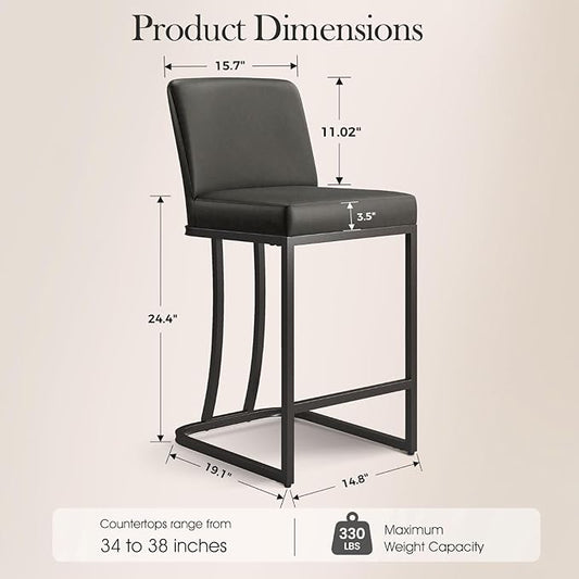 Sophia & William Grey Leather Bar Stools Set of 4, Counter Height 24" Bar Stools