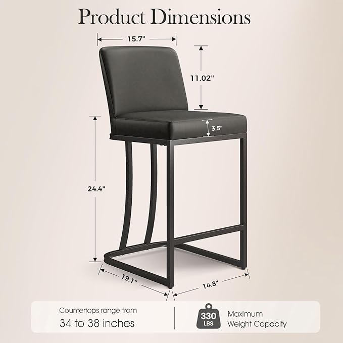Sophia & William Counter Stools Set of 2, Counter Height 24" Bar Stools with Back for Kitchen Island, Faux Leather Upholstered Bar Stools,330lbs,Grey