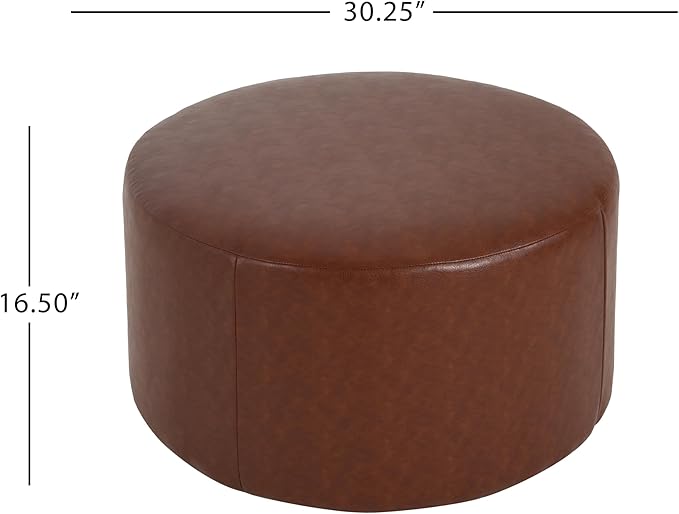 Christopher Knight Home GAVI 30" Ottoman Foot Stool, Faux Leather Pouf Footstool Ottoman Seat, Upholstered Foot Chair, Round Footrest, Modern Side Table for Living Room Bedroom Home Decor, Brown