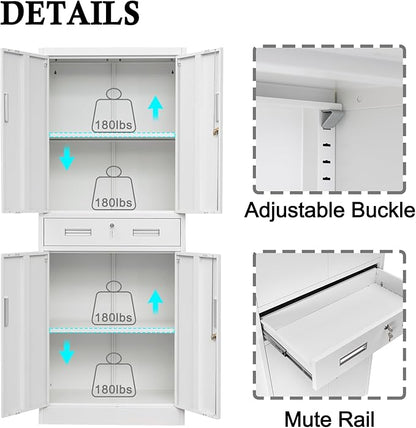 BESFUR Metal Cabinet, Garage Storage Cabinet with Drawer and Adjustable Shelves for Garage, Office, School - White