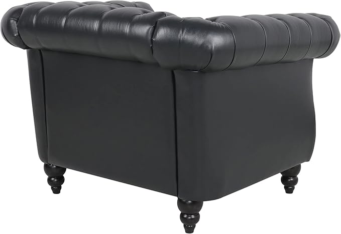 LEVNARY Leather Upholstered Armchair, Mid-Century Modern Single Sofa Chair with Rolled Arms and Nailhead, Tufted Pu Leather Chesterfield Chair for Home Bedroom Reading Room (Black)