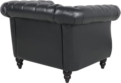 LEVNARY Leather Upholstered Armchair, Mid-Century Modern Single Sofa Chair with Rolled Arms and Nailhead, Tufted Pu Leather Chesterfield Chair for Home Bedroom Reading Room (Black)