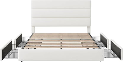 Allewie Modern Queen Size Platform Bed Frame with 4 Storage Drawers and Velvet Upholstered Headboard, Wooden Slats Support, Upholstered Mattress Foundation/No Box Spring Needed/Easy Assembly, White