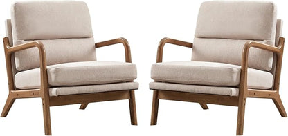 Mid Century Modern Accent Chair Set of 2, Linen Fabric Upholstered Lounge Arm Chair with Solid Wood Frame and Soft Cushion for Living Room, Bedroom, Balcony (1, Beige)