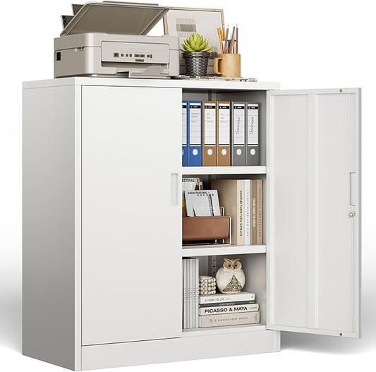 BESFUR Metal Storage Cabinet 36"H, Steel Garage Storage Cabinet with 2 Lockable Doors and 2 Adjustable Shelves, Garage Cabinet for Home Office, Garage,School, Apartment, Warehouse, Utility Room,White
