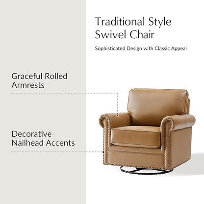 HULALA HOME Swivel Accent Chair Genuine Leather Barrel Rocker Chair with Metal Base Transitional Armchair Padded Round Armrest Set of 2, Camel