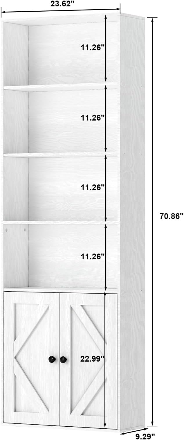 Bookshelf, 6-Tier Floor Bookcase with 2 Bottom Doors, 9.29"x23.62"x70.86", Storage Cabinet Bookshelves for Home Office, Living Room, Bedroom-White