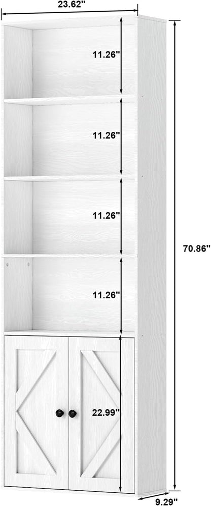 Bookshelf, 6-Tier Floor Bookcase with 2 Bottom Doors, 9.29"x23.62"x70.86", Storage Cabinet Bookshelves for Home Office, Living Room, Bedroom-White